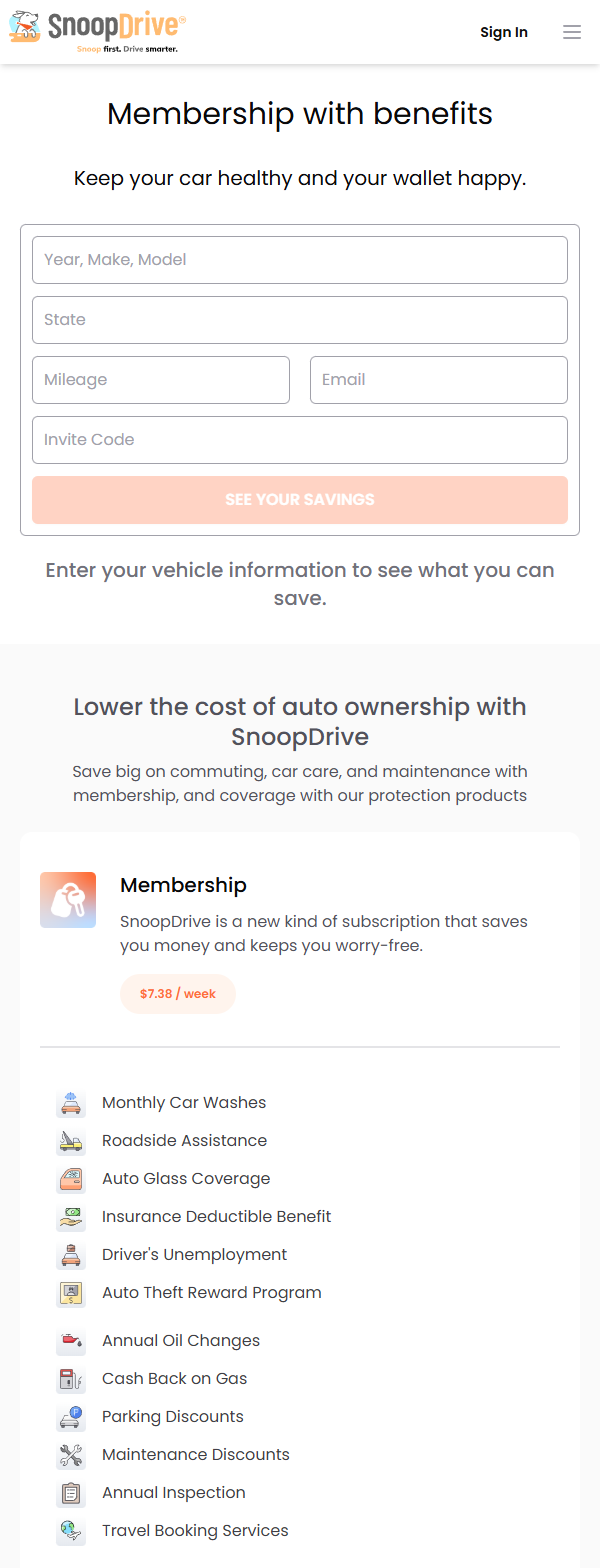 SnoopDrive Warranty Platform — mobile view